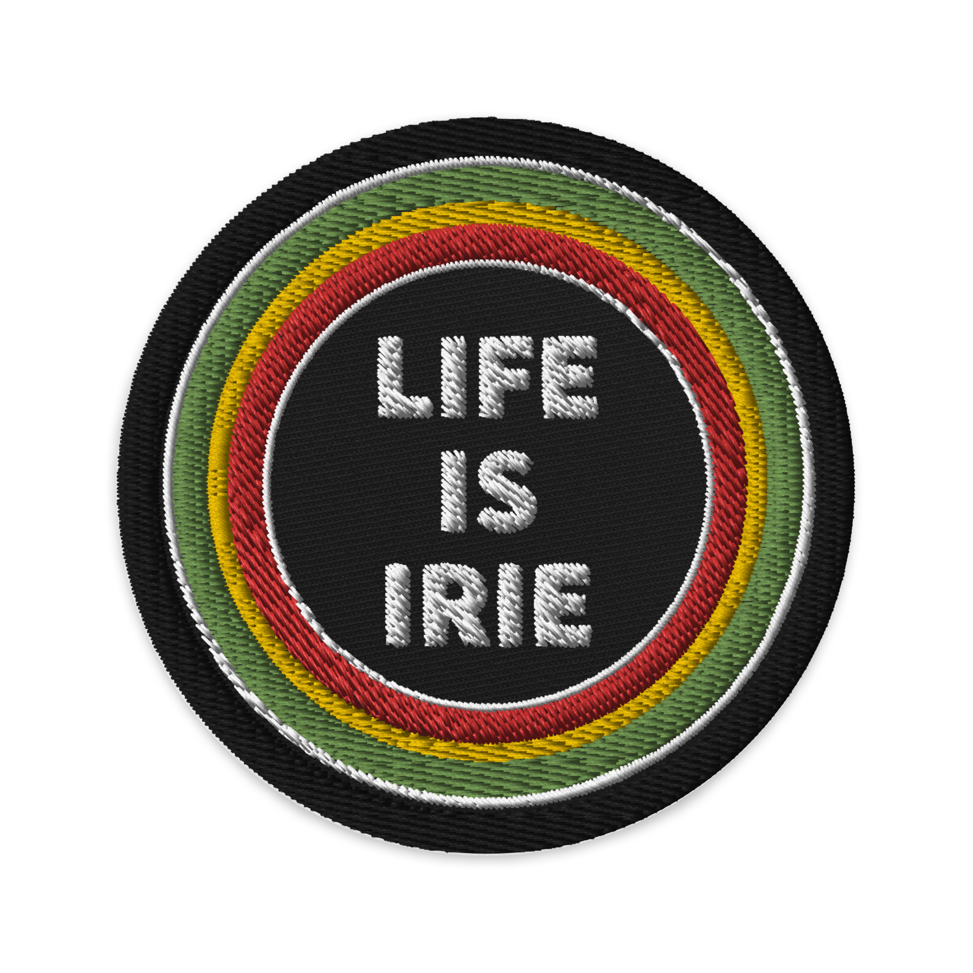 life is irie circle patch in red, gold, green, black and white