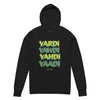 Black gender neutral long sleeve t-shirt hoodie featuring front word graphic "Yardi, Yawdi, Yahdi, Yaadi" in black,gold and green colors