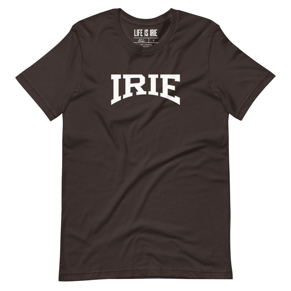 Brown-knit t-shirt featuring front "IRIE" text graphic