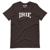 Brown-knit t-shirt featuring front "IRIE" text graphic