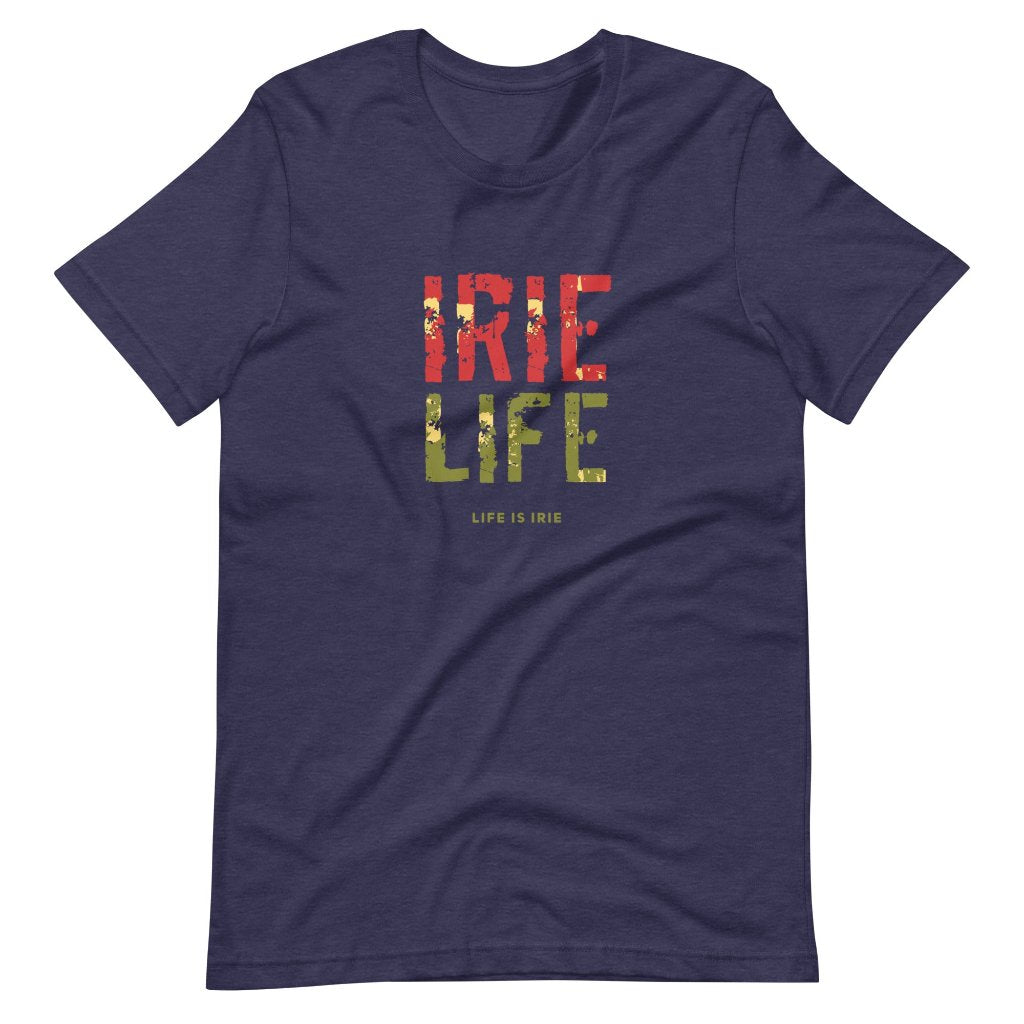 Heather midnight navy Knit t-shirt featuring front "irie life" text in Reggae colors of red, gold, green. Classic crew neck. 