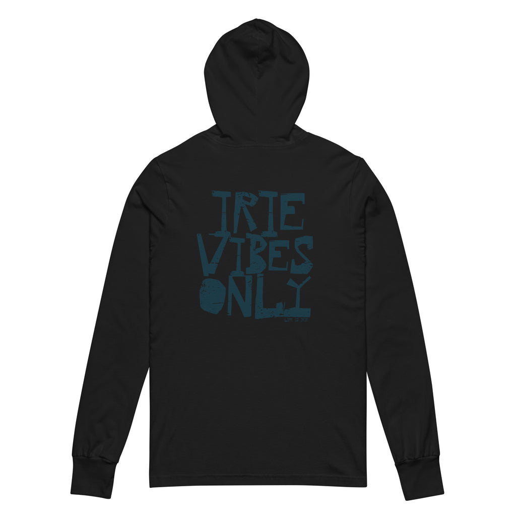 Black Comfy hooded long sleeves t-shirt featuring front and back "irie vibes only" text graphic.