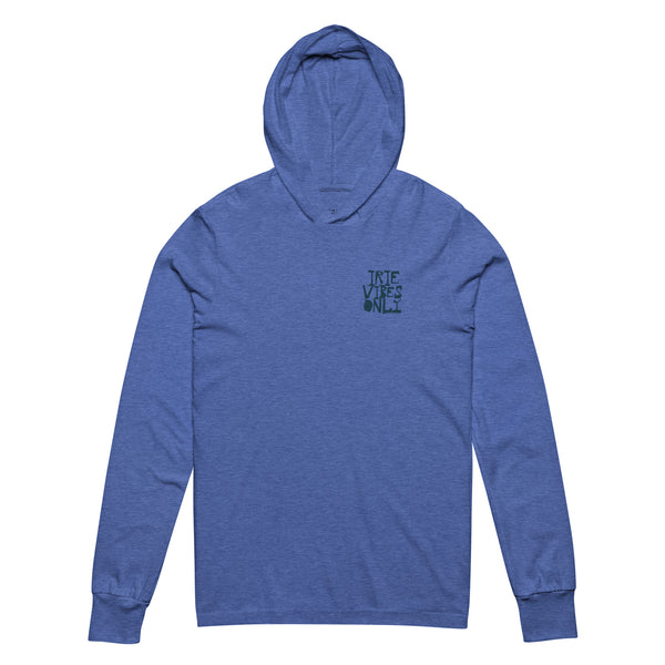 Royal Blue Comfy hooded long sleeves t-shirt featuring front and back "irie vibes only" text graphic.