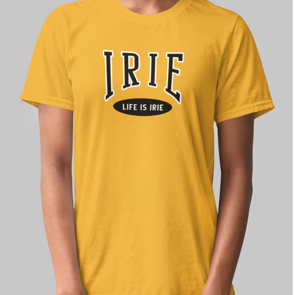 Mustard_Knit_tee_featuring_front_irie_life_is_irie_text_graphic