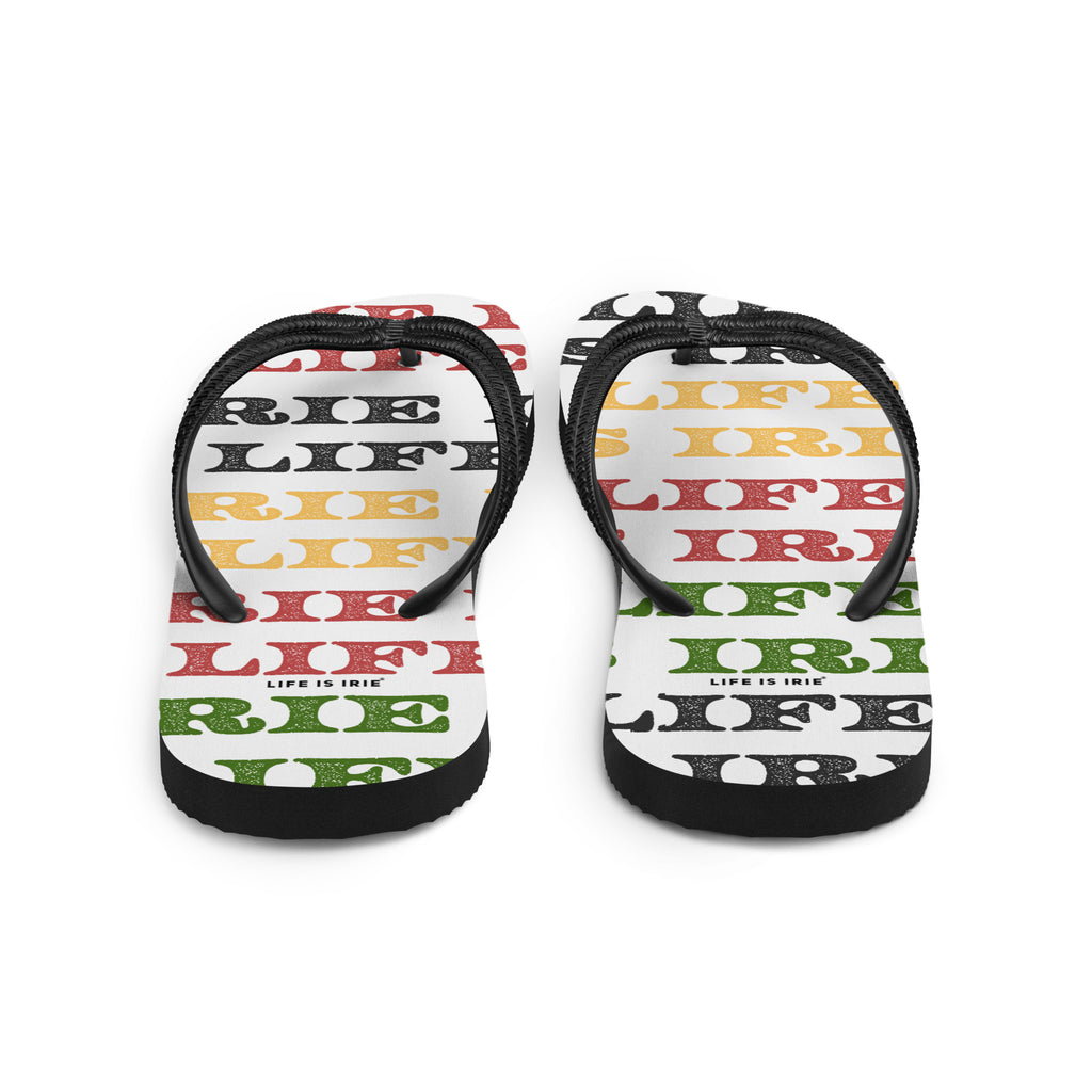  red, green,gold,back -life is irie-word graphic-flip-flop-back view