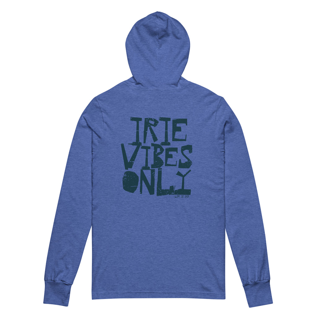 Royal Blue Comfy hooded long sleeves t-shirt featuring front and back "irie vibes only" text graphic.