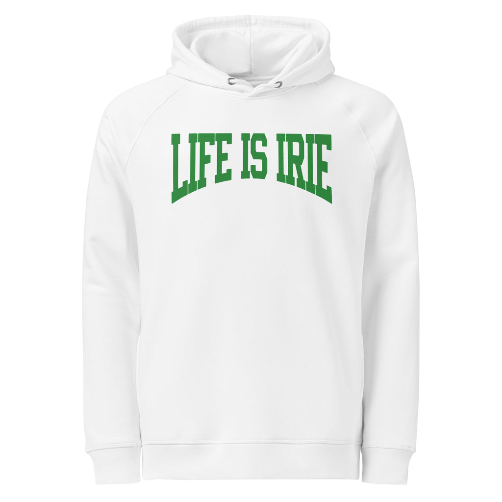 White knit pullover unisex hoodie featuring on front 'life is irie' green text graphic.