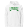White knit pullover unisex hoodie featuring on front 'life is irie' green text graphic.