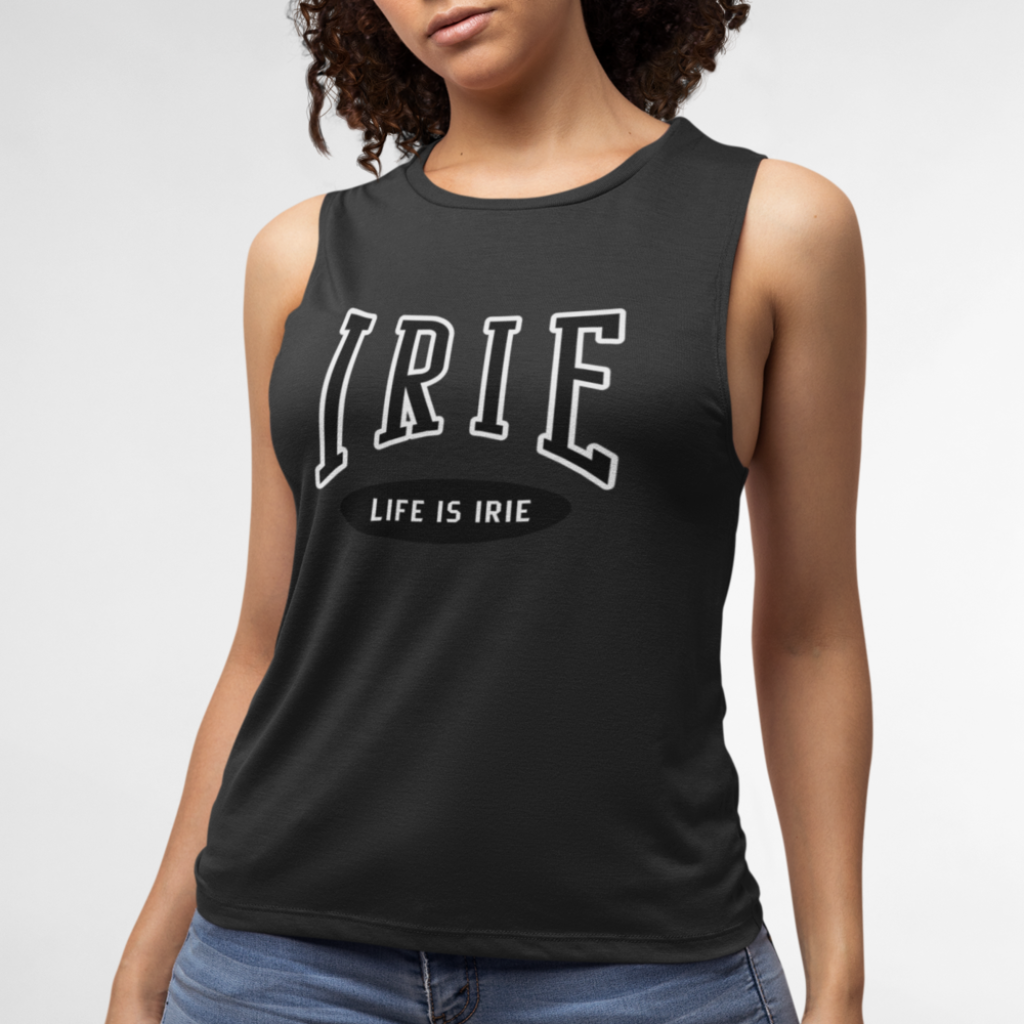 Black muscle tank top featuring front "IRIE" by LIFE IS IRIE text graphic.