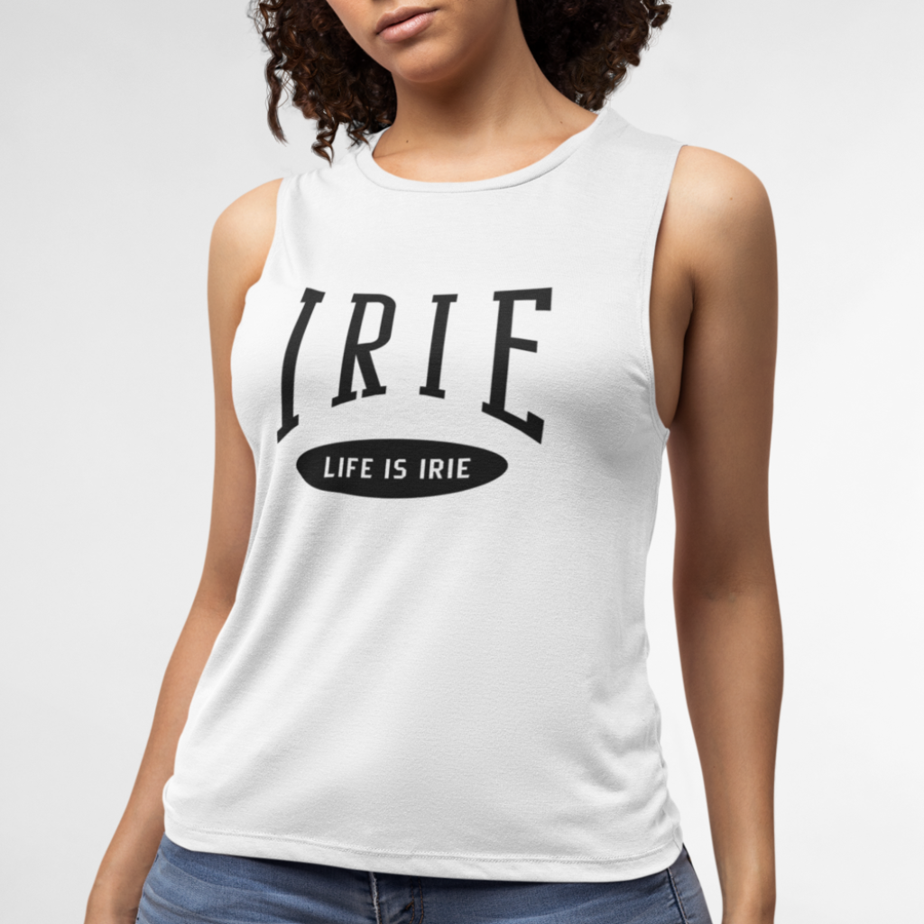 White muscle tank top featuring front "IRIE" by LIFE IS IRIE text graphic.