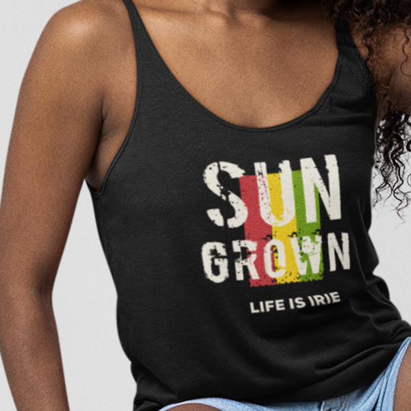 Black knit tank featuring front "sun grown" text graphic in Reggae colors red, gold, green. 