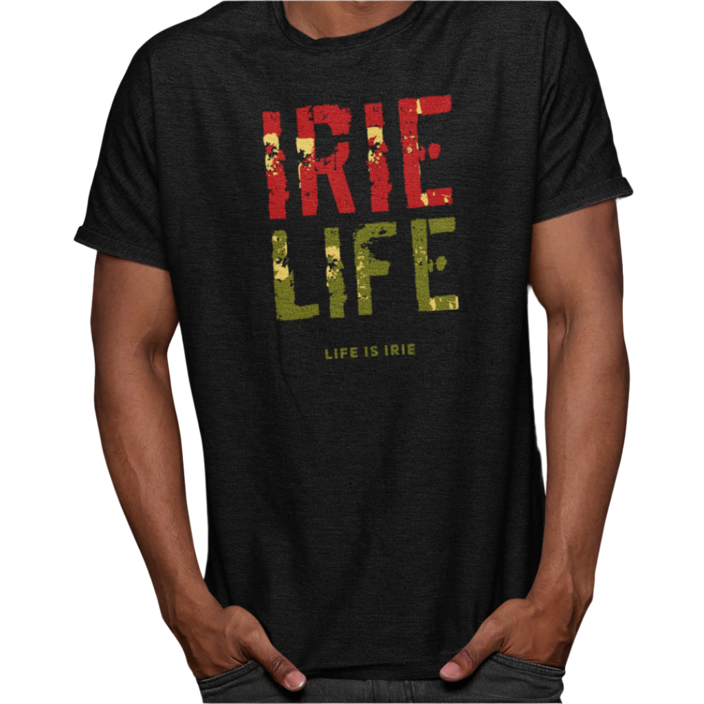 Black knit t-shirt featuring front "irie life" in Reggae colors of red, gold, green. 