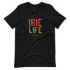 Black knit t-shirt featuring front "irie life" text in Reggae colors of red, gold, green. Classic crew neck. 