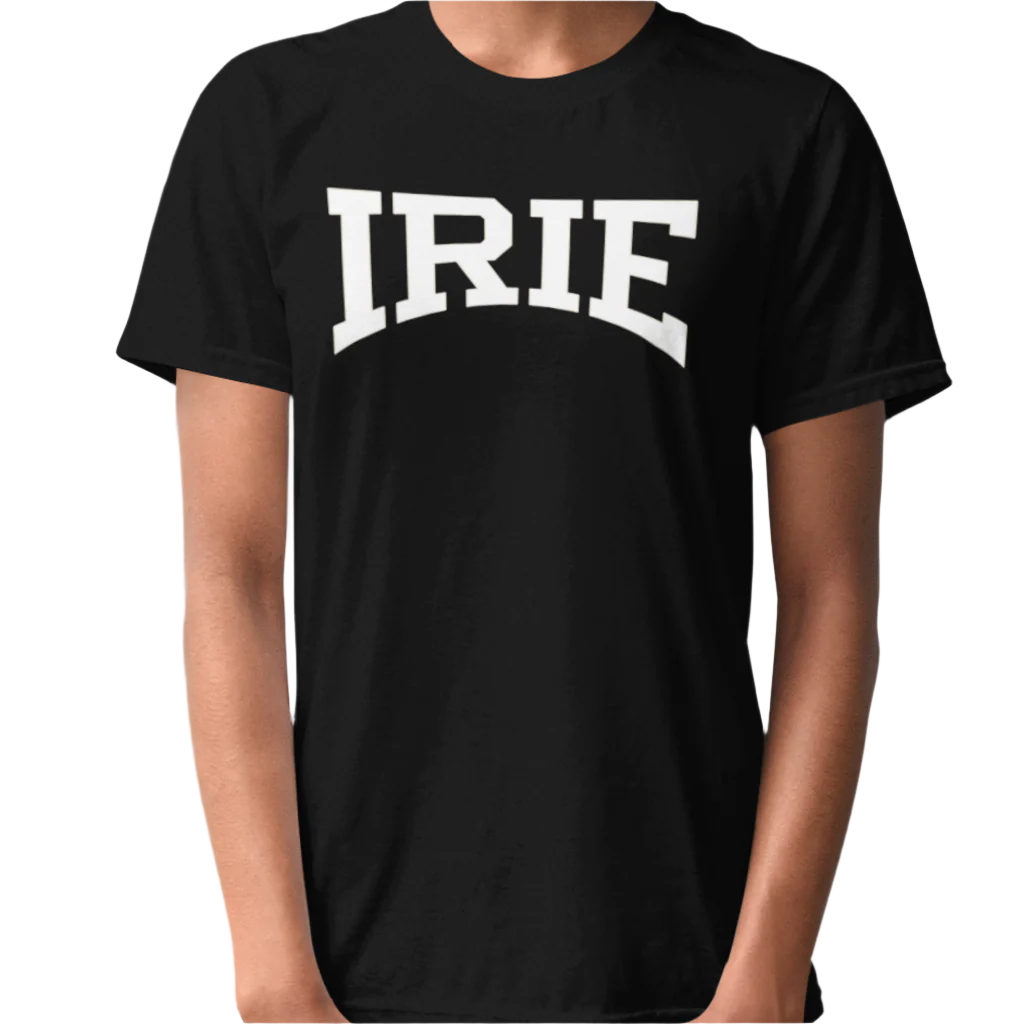 Black knit t-shirt featuring front "IRIE" text graphic