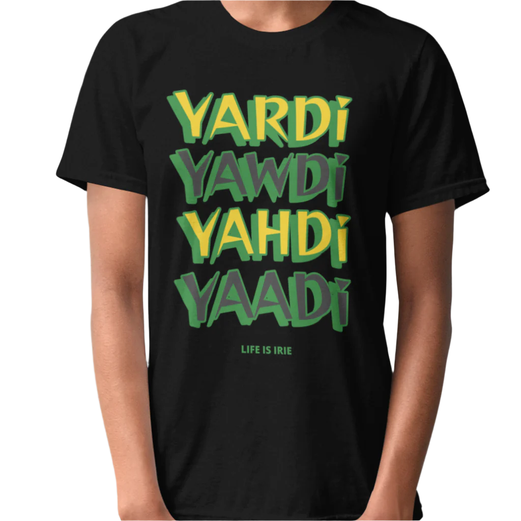 Black knit t-shirt featuring front text graphic "Yardi, Yawdi, Yahdi, Yaadi"