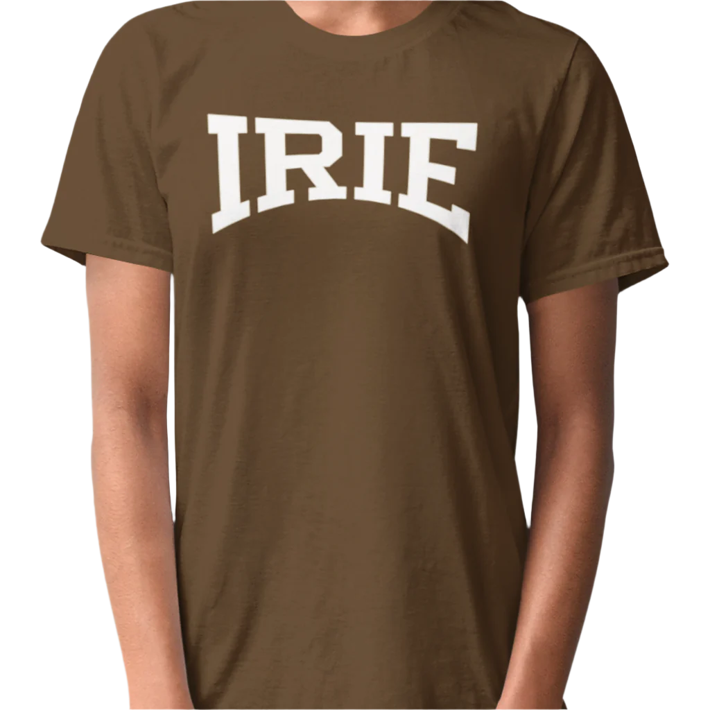 Brown knit t-shirt featuring front "IRIE" text graphic