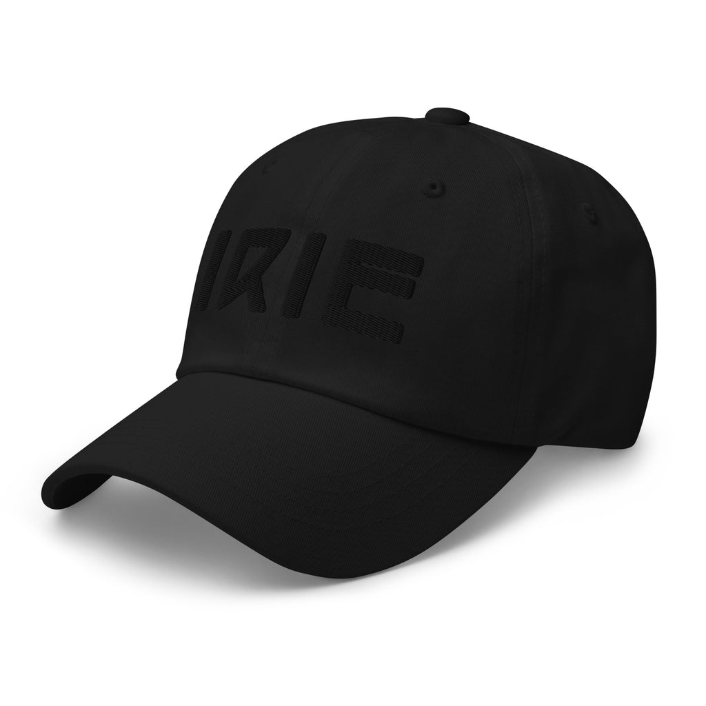 Black Cotton cap featuring front embroidered "irie" text, on back featuring "life is irie" text