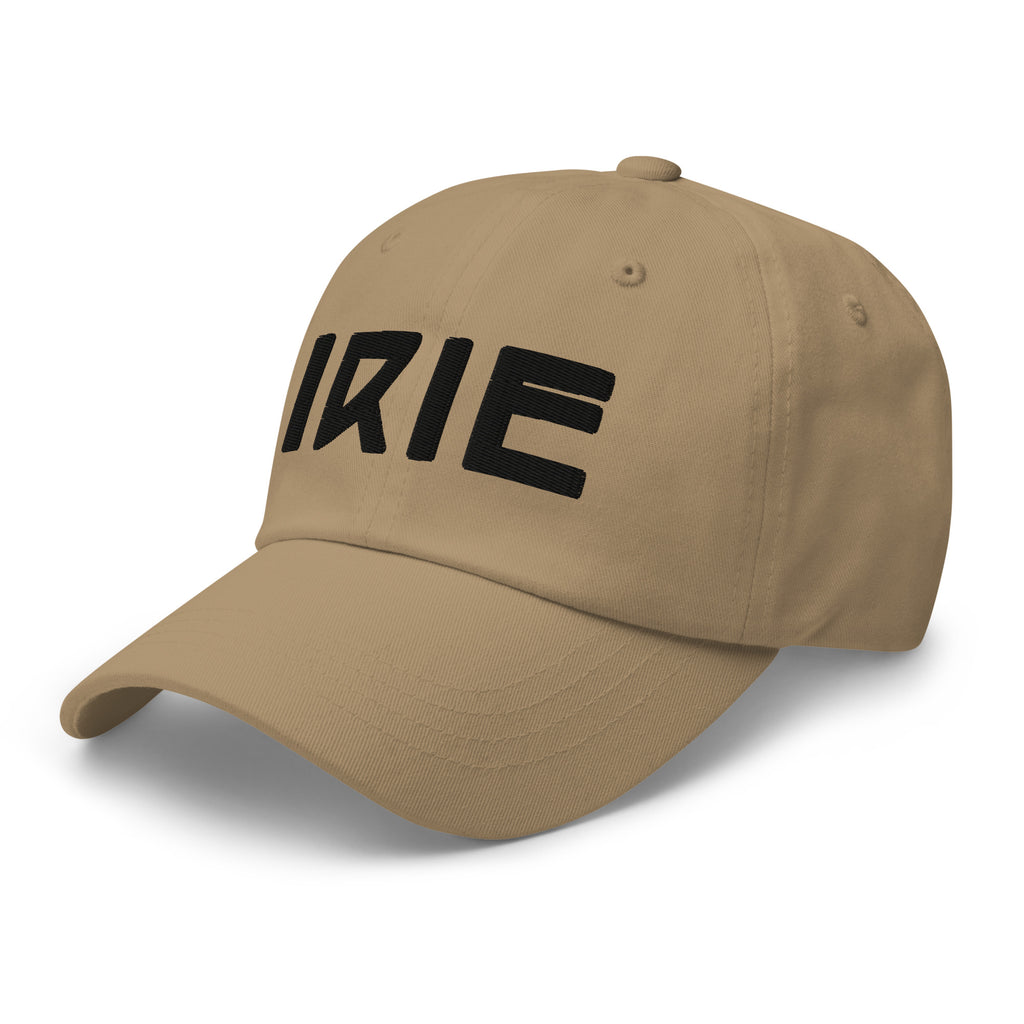 Khaki cotton cap featuring front embroidered "irie" text in black, on back featuring "life is irie" text