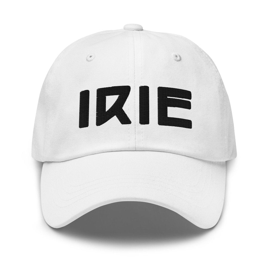 White cotton cap featuring front embroidered "irie" text in black, on back featuring "life is irie" text