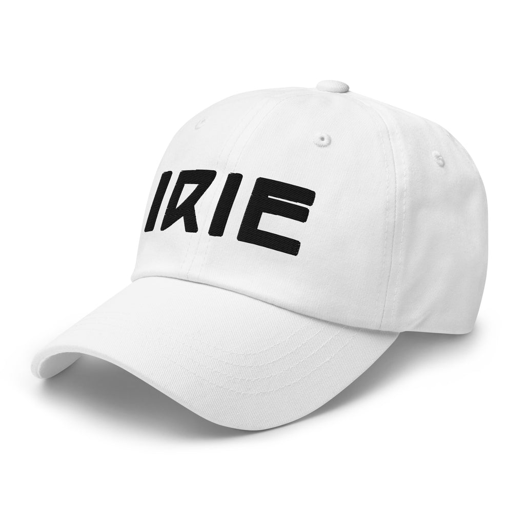 White cotton cap featuring front embroidered "irie" text in black, on back featuring "life is irie" text