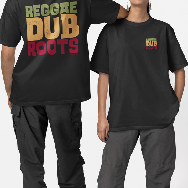 Black t-shirt with 'Reggae Dub Roots' text on a plain background