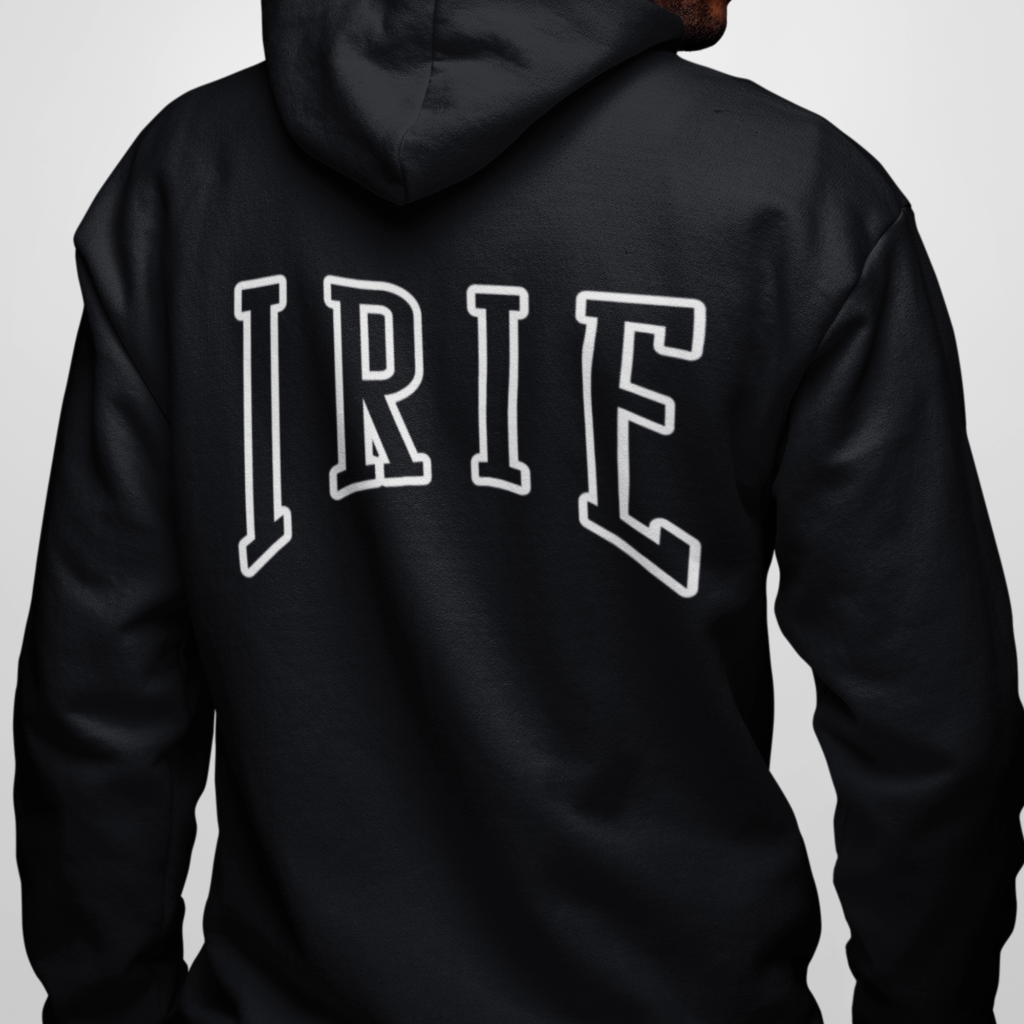  Cozy zip hoodie featuring front and back "irie" text.   Available in black, dark grey, and blue.