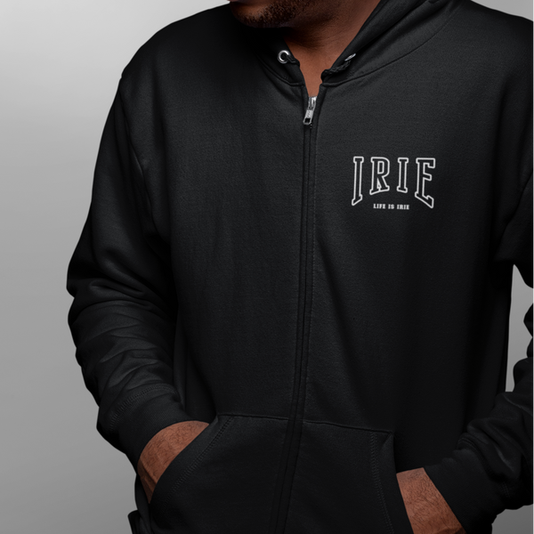  Cozy zip hoodie featuring front and back "irie" text.   Available in black, dark grey, and blue.