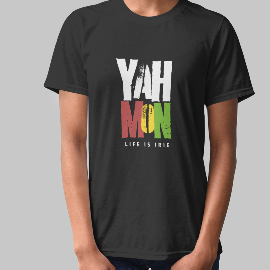  T-shirt featuring "yah mon life is irie" 