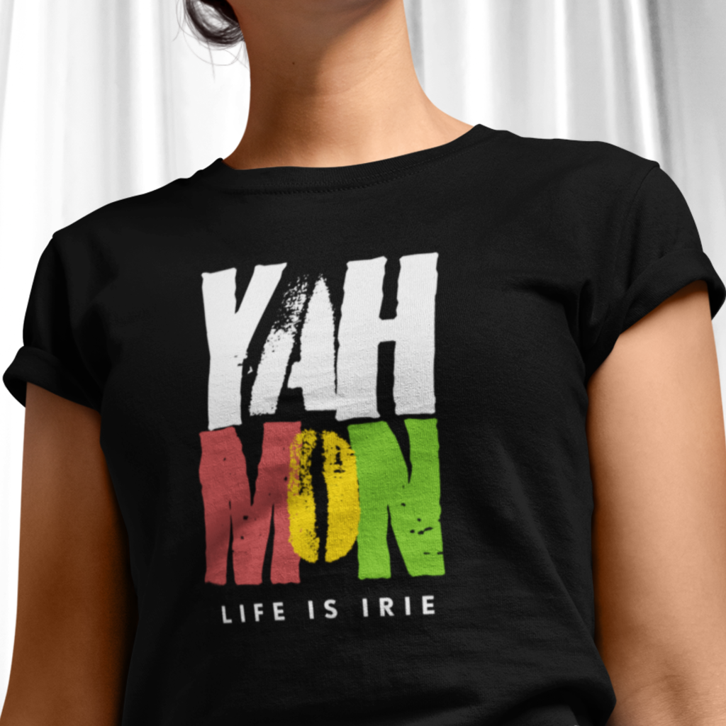  T-shirt featuring "yah mon life is irie" 