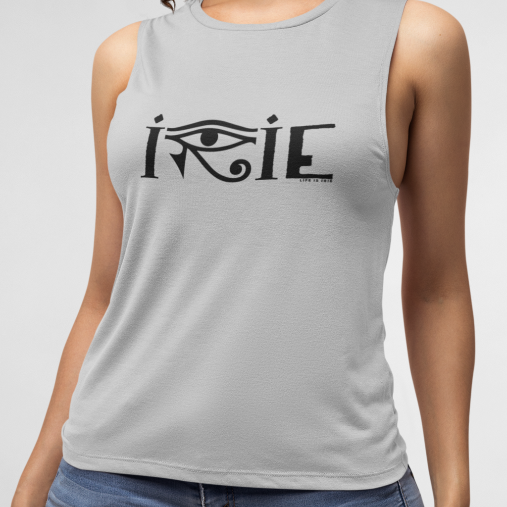 Heather grey women's knit muscle tank top featuring "irie horus" art graphic