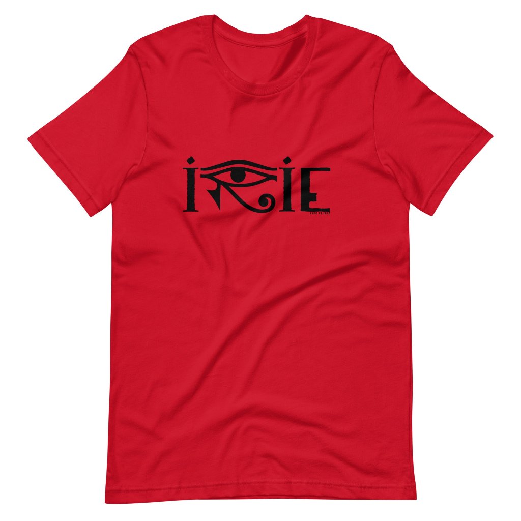 Red knit t-shirt featuring front'horus' graphic design