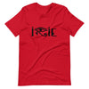 Red knit t-shirt featuring front'horus' graphic design