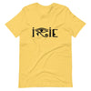 Yellow knit t-shirt featuring front 'horus' graphic design