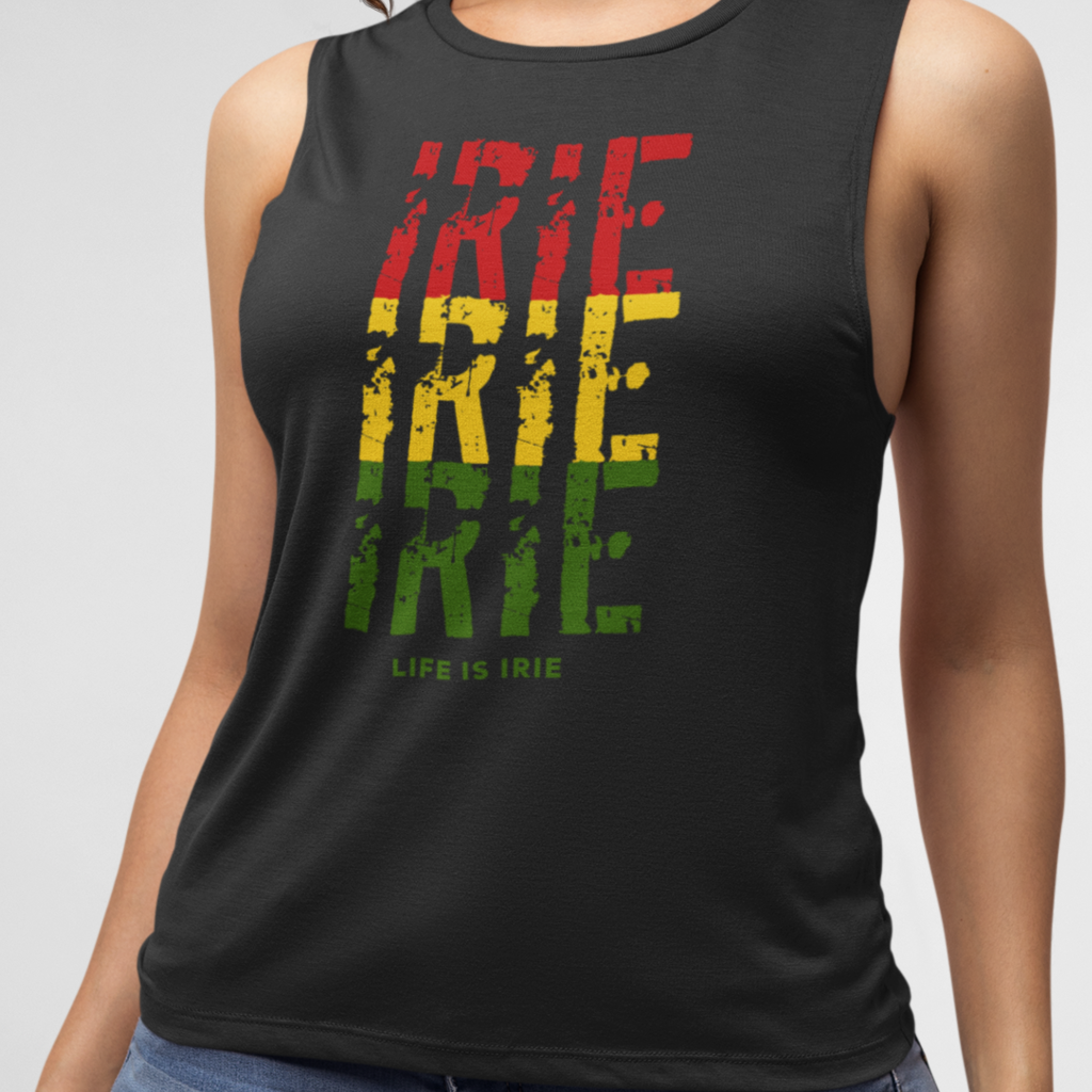 Soft and flowy Black  muscle tank with low cut armholes. Front featuring "irie irie irie" text