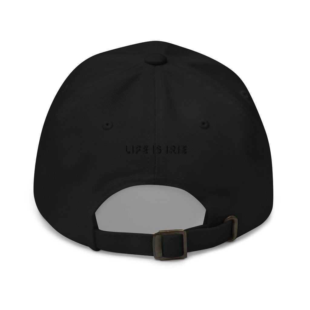 Black Cotton cap featuring front embroidered "irie" text, on back featuring "life is irie" text