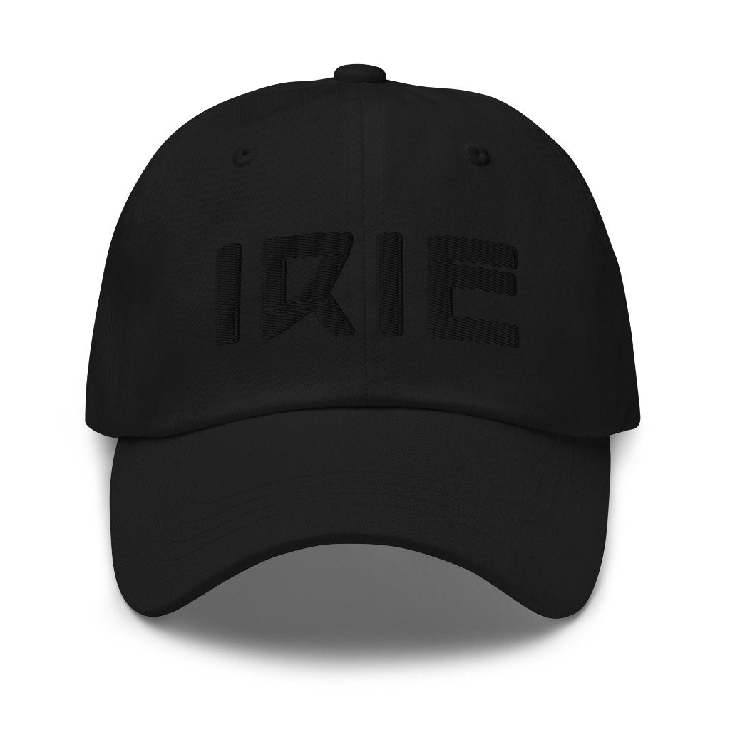 Black Cotton cap featuring front embroidered "irie" text, on back featuring "life is irie" text