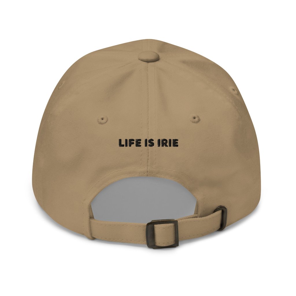 Khaki cotton cap featuring front embroidered "irie" text in black, on back featuring "life is irie" text