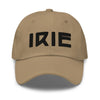 Khaki Cotton cap featuring front embroidered "irie" text in black, on back featuring "life is irie" text