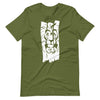 Olive green knit tee featuring front lion face graphic