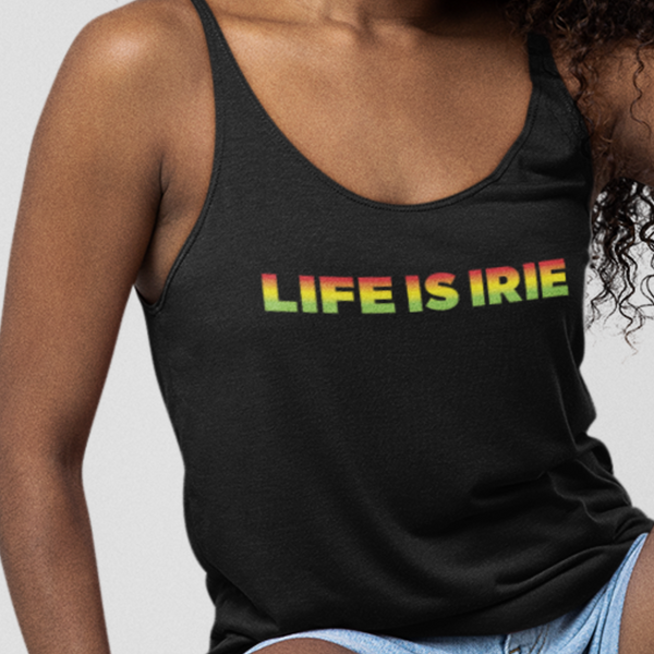 Black knit racer back tank featuring "life is irie" text graphic in Reggae colors red, gold, green.