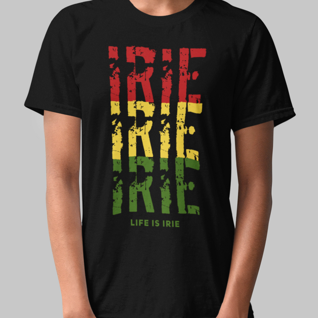 Black knit t-shirt featuring front "irie irie iriGender neutral knit t-shirt featuring front "IRIE IRIE IRIE" text graphic with Reggae colors of red, gold, green