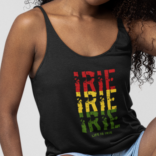 Black racerback tank top featuring front "irie irie irie" graphic in Reggae colors of red, gold, and green.