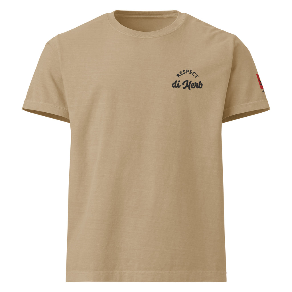 khaki t-shirt with embroidered text 'respect di herb' on a plain background