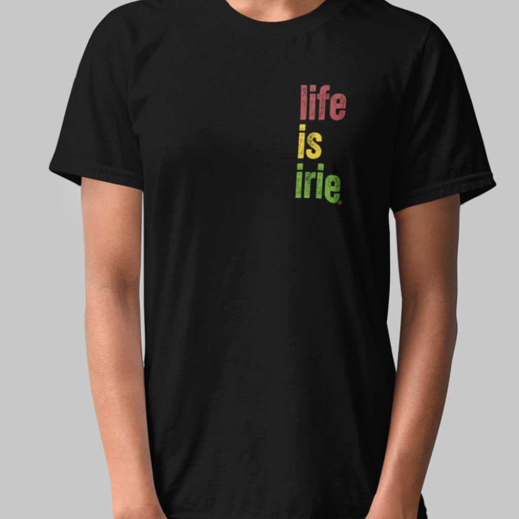 Black knit t-shirt with front 'life is irie' text graphic.