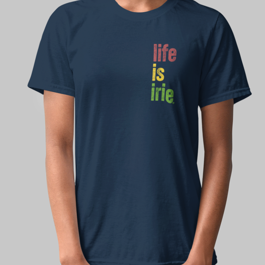 Navy knit t-shirt with front 'life is irie' text graphic.