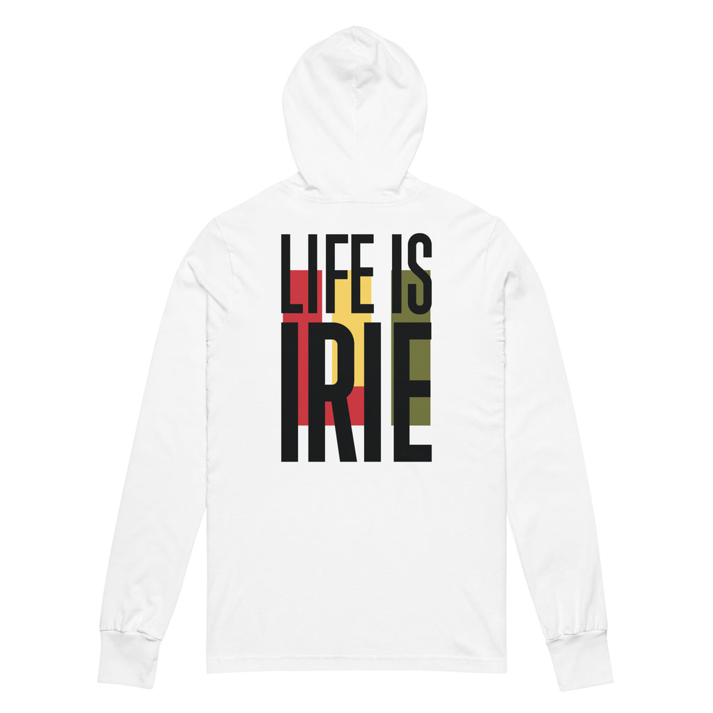 Comfy white hooded long sleeves tee featuring front and back LIFE IS IRIE logo graphic.