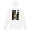 Comfy white hooded long sleeves tee featuring front and back LIFE IS IRIE logo graphic.