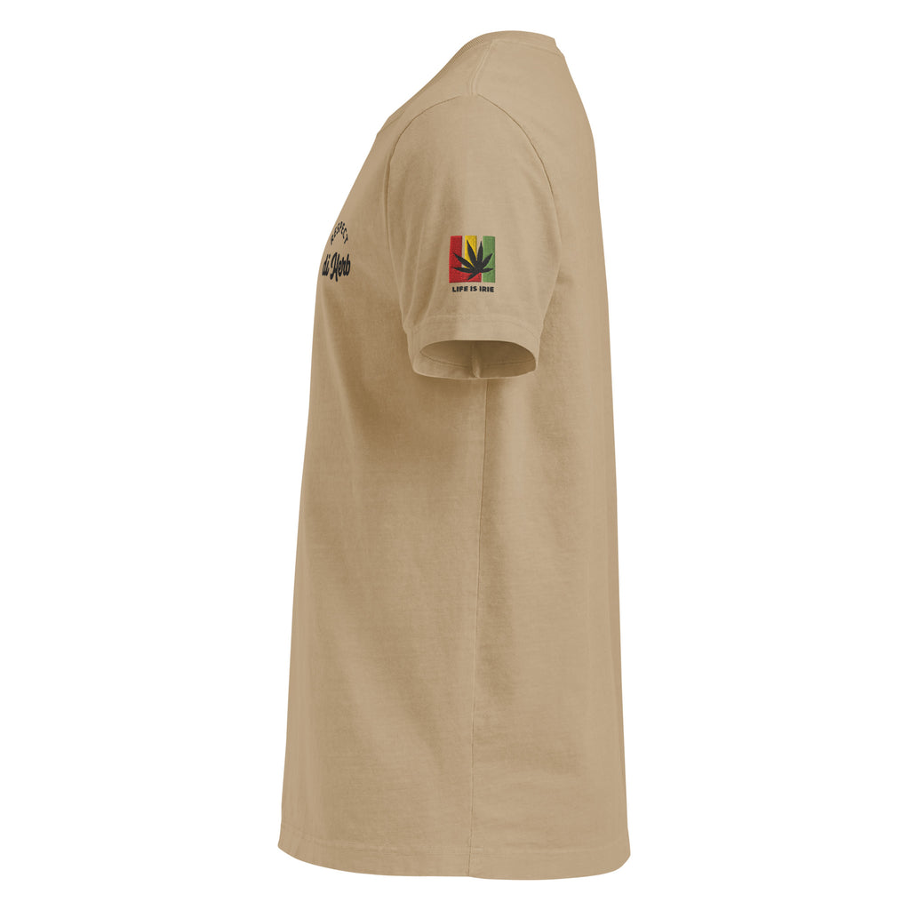 khaki t-shirt with a small red gold and green logo on the sleeve against a white background