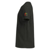 black t-shirt with a small red gold and green logo on the sleeve against a white background