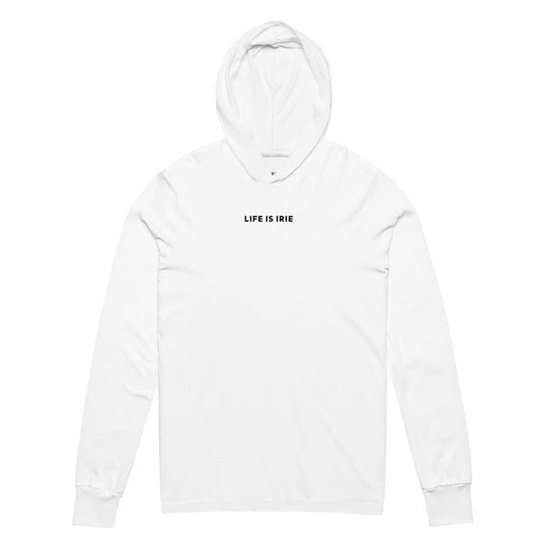 White unisex hooded long sleeves t-shirt featuring on front word graphic "Life is irie" and on back word graphic "Roots, Rockers, Reggae, Rebel"